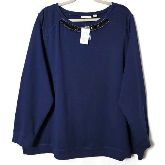 Susan Graver Blue Embellished Round Neckline Stretchy Long Sleeve Blouse Top 3X - Picture 1 of 8